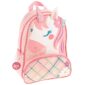 Pink unicorn-themed children's backpack with floral design.