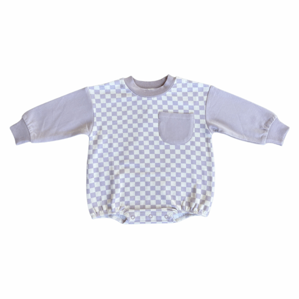 babysprouts clothing company colorblock romper bamboo Checkered baby romper with pocket and long sleeves.