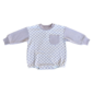 Checkered baby romper with pocket and long sleeves.