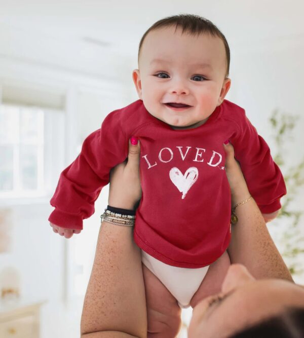 burt's bee baby loved sweatshirt Smiling baby in red "Loved" sweater.