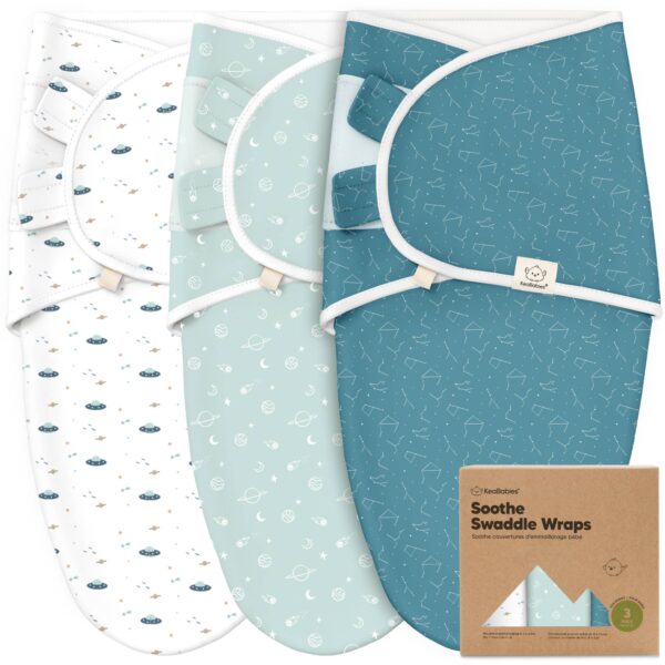 keababies 3pk soothe baby swaddles 0 3 months, sleep sack for newborns Three space-themed baby swaddle wraps with packaging.