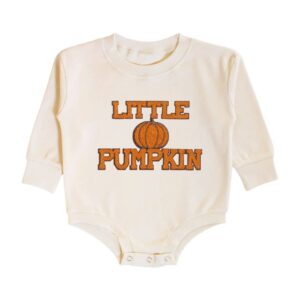 Cream baby bodysuit with 'Little Pumpkin' design.
