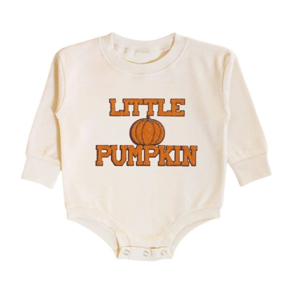 sweet wink little pumpkin patch long sleeve romper unisex Cream baby bodysuit with 'Little Pumpkin' design.