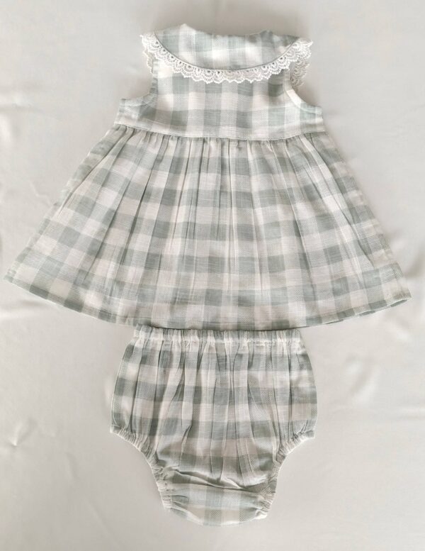 yo baby sage checks dress with delicate lace peter pan collar Plaid baby dress with lace collar