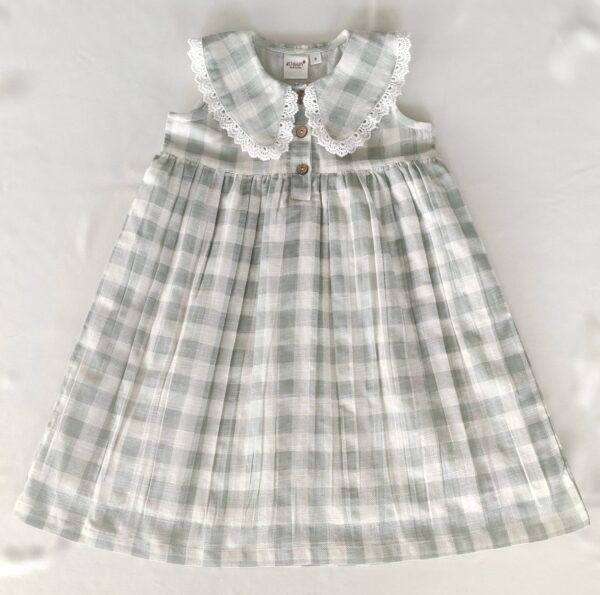 yo baby sage checks dress with delicate lace peter pan collar Plaid toddler dress with lace collar and buttons.