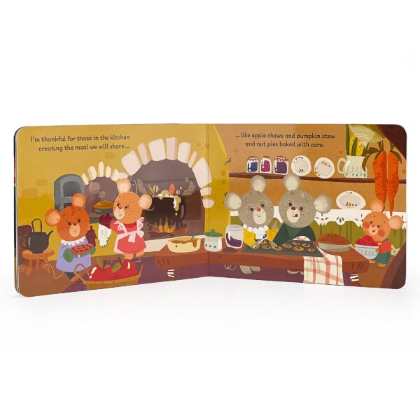 cottage door press thankful thanksgiving board book Illustrated mice cooking and baking in a cozy kitchen.