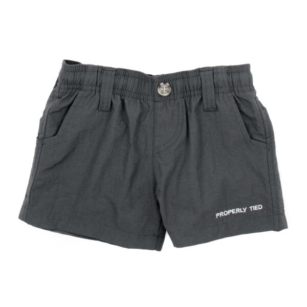 Gray shorts with elastic waist and pockets.