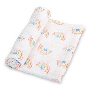 Muslin swaddle blanket with rainbow pattern.