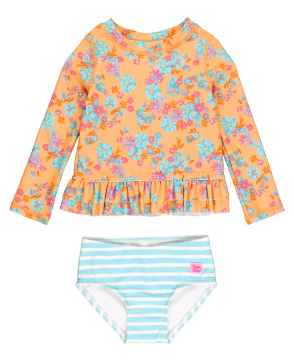 rufflebutts vibrant valley long sleeve ruffle hem rash guard 2 piece: Orange floral swimsuit with striped bottoms