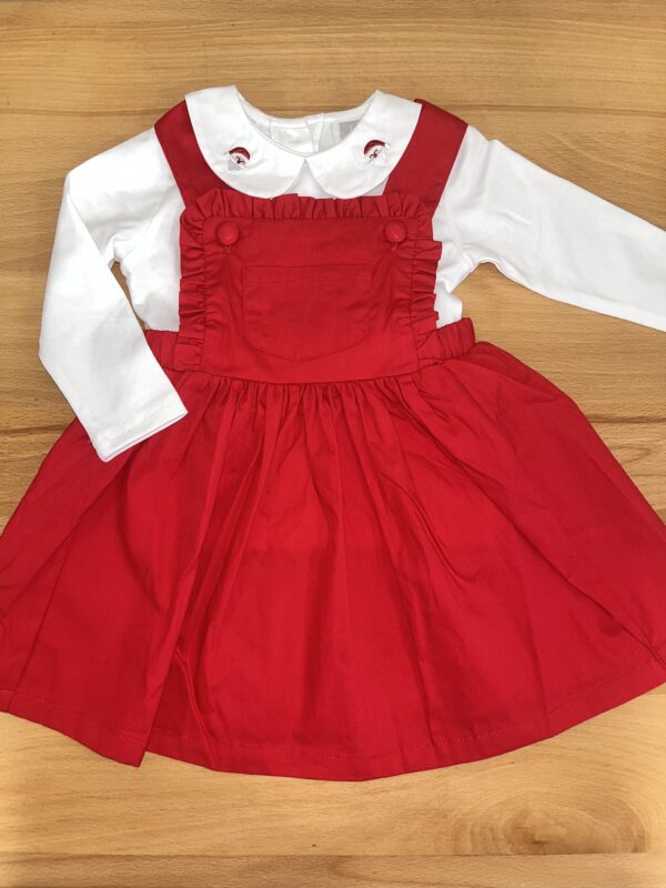 lil cactus red ruffle jumper dress with santa claus peter pan collar long sleeve tee Red dress with white collar on wood surface.