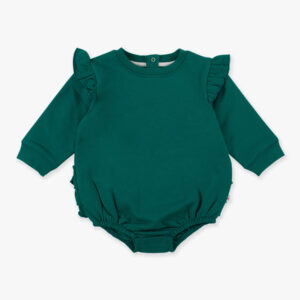 Green ruffled baby romper with long sleeves