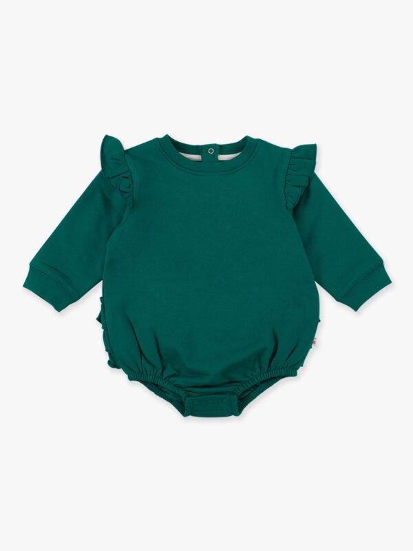 Green ruffled baby romper with long sleeves
