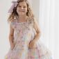 Smiling girl in colorful butterfly dress.