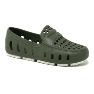 Green perforated slip-on shoe with white sole.