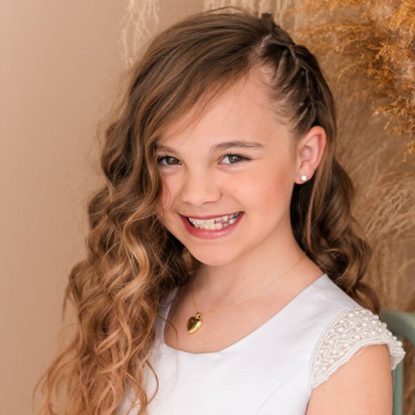 cherished moments 14k gold plated heart locket for little girls and kids: 14 inch Smiling girl with wavy hair and white dress
