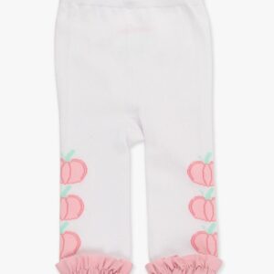 White baby pants with pink ruffle and pumpkin design.