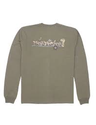 Olive long-sleeve shirt with graphic design on back.