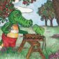 Cartoon alligator and frog with a sawhorse in garden.