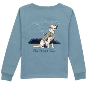 Blue shirt with dog graphic design.
