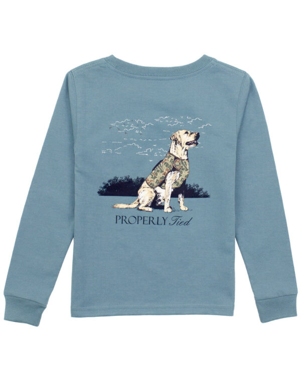 Blue shirt with dog graphic design.