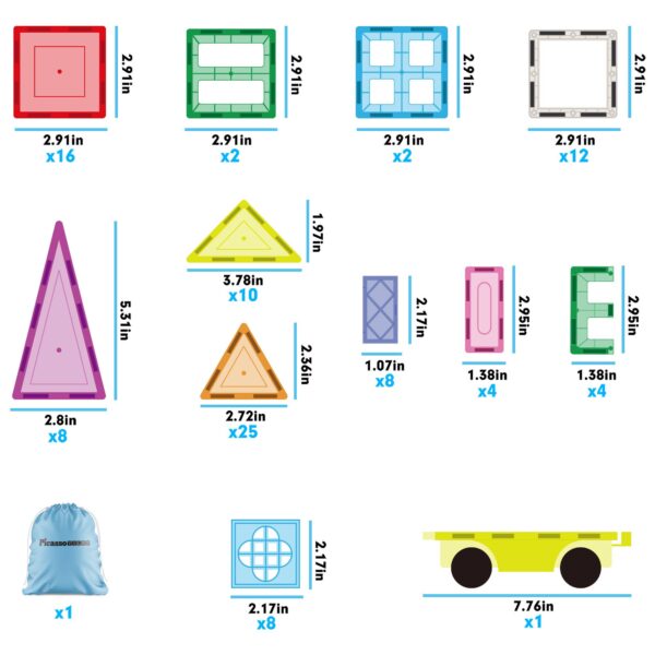 picassotiles 101 piece magnet tile building blocks construction toys set Magnetic building blocks set with various shapes and sizes.