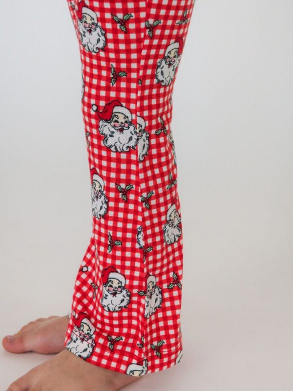 rufflebutts gingham plaid santa pajamas bamboo button down (ruffled) Red checkered pants with Santa Claus design