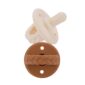 Two braided style pacifiers in cream and brown.