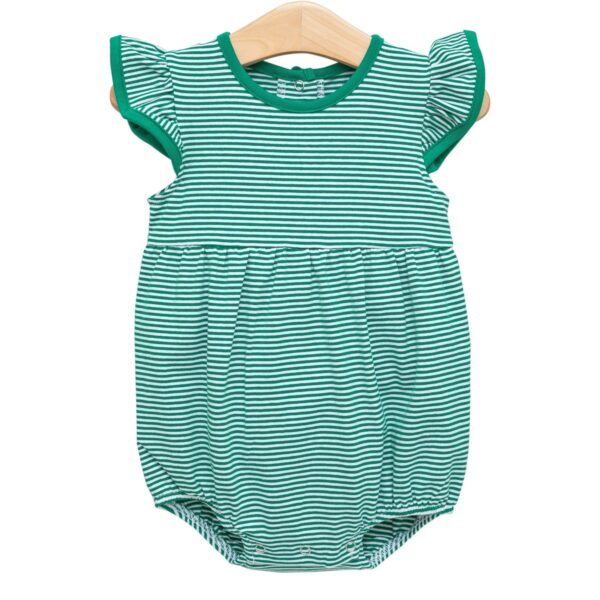Green striped baby romper on hanger