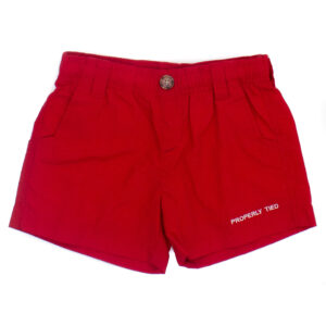 Red shorts with button and pockets.