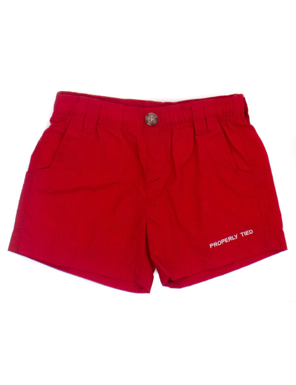 Red shorts with button and pockets.