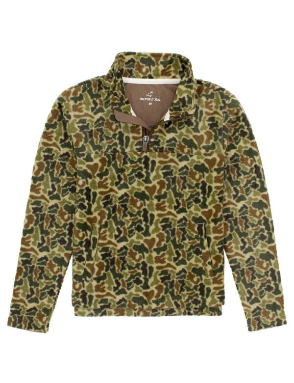 Camo fleece pullover with quarter-zip design.