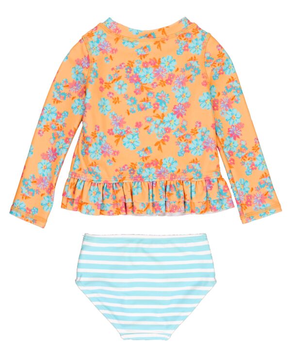 rufflebutts vibrant valley long sleeve ruffle hem rash guard 2 piece: Floral rash guard set with striped swim bottoms.