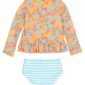 Floral rash guard set with striped swim bottoms.