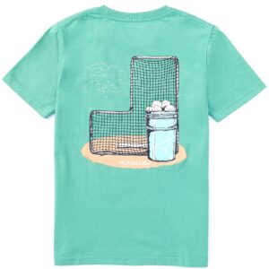 Teal shirt with baseball net and balls graphic.
