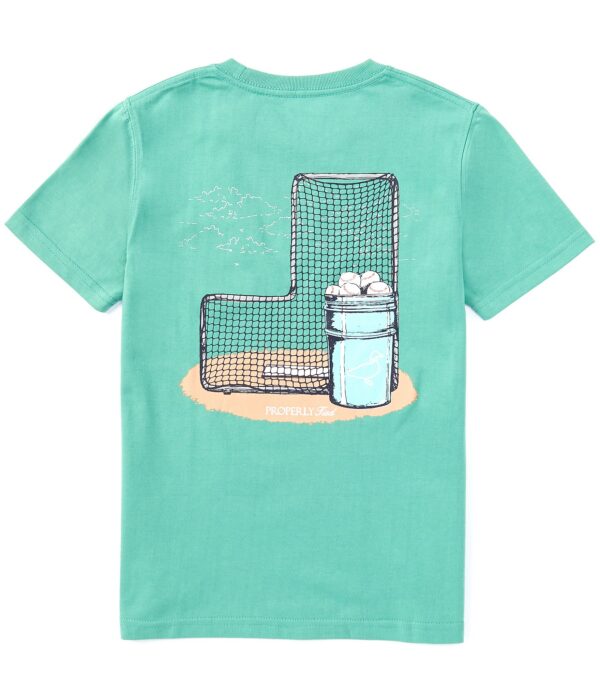 Teal shirt with baseball net and balls graphic.