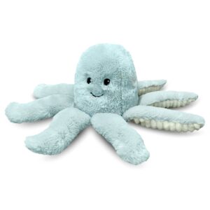 Blue plush octopus toy with a smile.