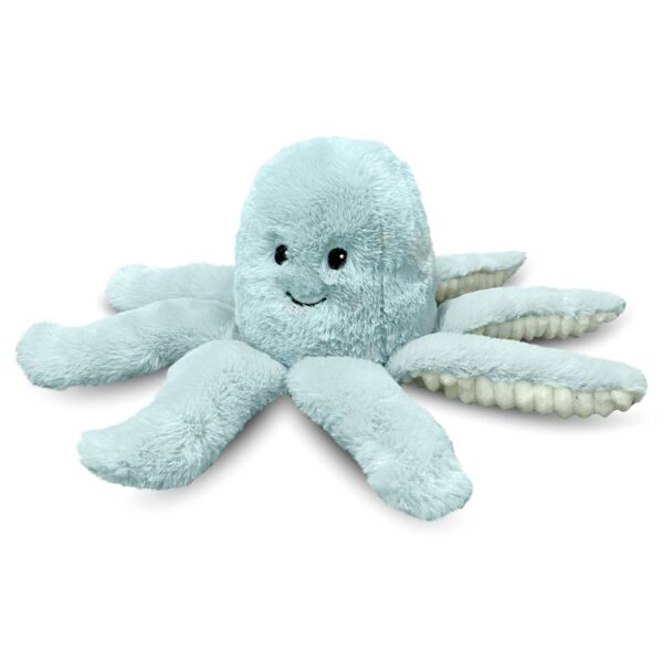 Blue plush octopus toy with a smile.