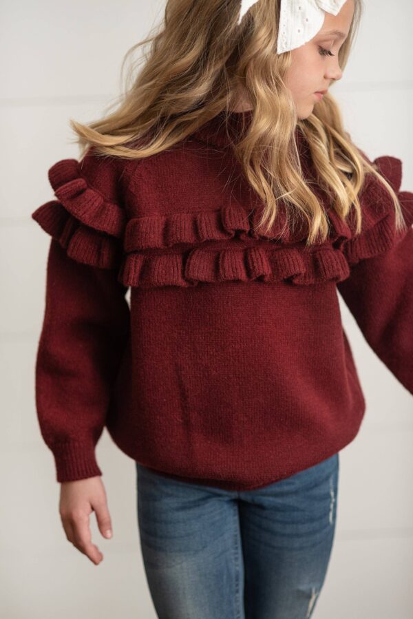 oopsie daisy kids wine double ruffle crew neck fall winter sweater Child wearing red sweater with ruffles