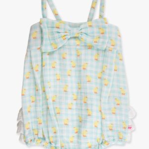 RuffleButts - Cotton Gauze Bow Front Bubble Woven Romper - Chirping Chick