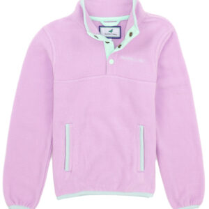Pink fleece pullover jacket with snap buttons and pockets.