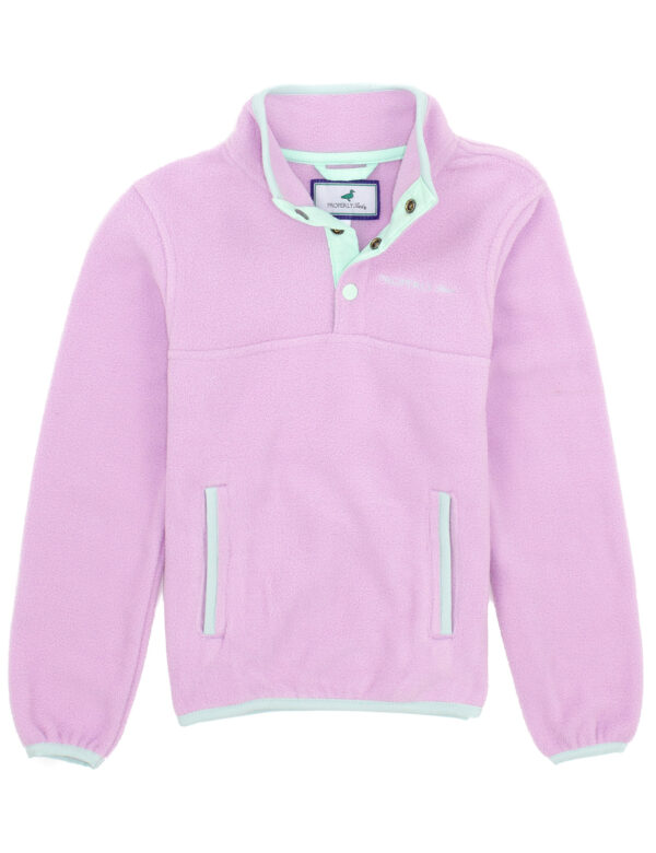 Pink fleece pullover jacket with snap buttons and pockets.