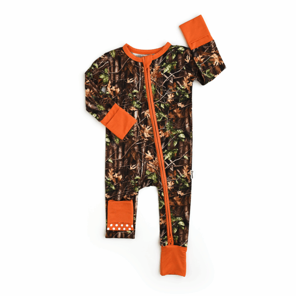 gigi and max hunter camo zip sleepies little bamboo baby outfit Camo baby onesie with orange accents