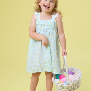 RuffleButts - Cotton Gauze Flutter Bow Woven Dress - Chirping Chicks