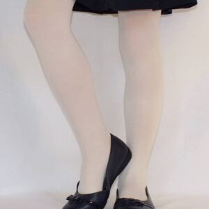 White tights and black flats with bows.