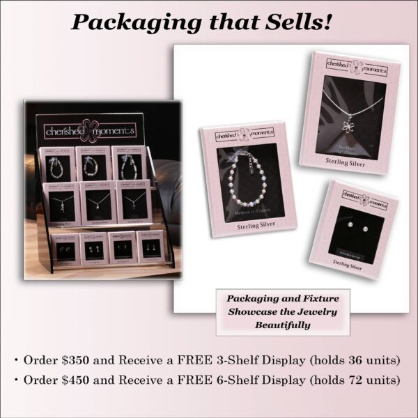 cherished moments kids 14k gold clear cz earrings Jewelry display and packaging offers with free shelves.