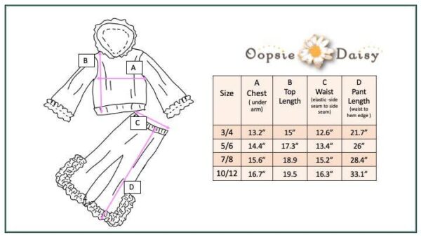 oopsie daisy kids rust & brown color block hooded ruffle pocket fall set Children's pajama size chart and measurement guide.