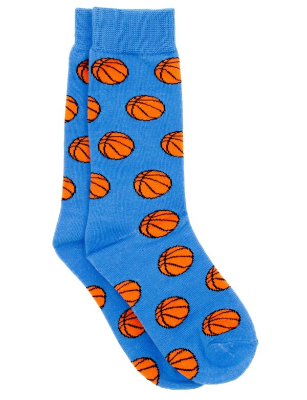 Blue socks with orange basketball pattern