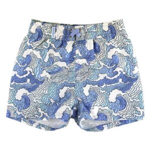 Blue wave pattern swim trunks for kids.