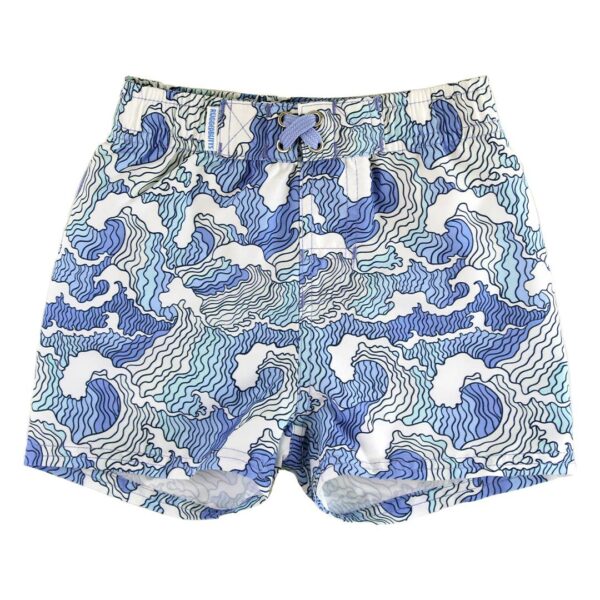 Blue wave pattern swim trunks for kids.