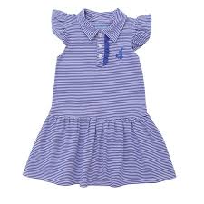 Blue striped girl's dress with ruffled sleeves.